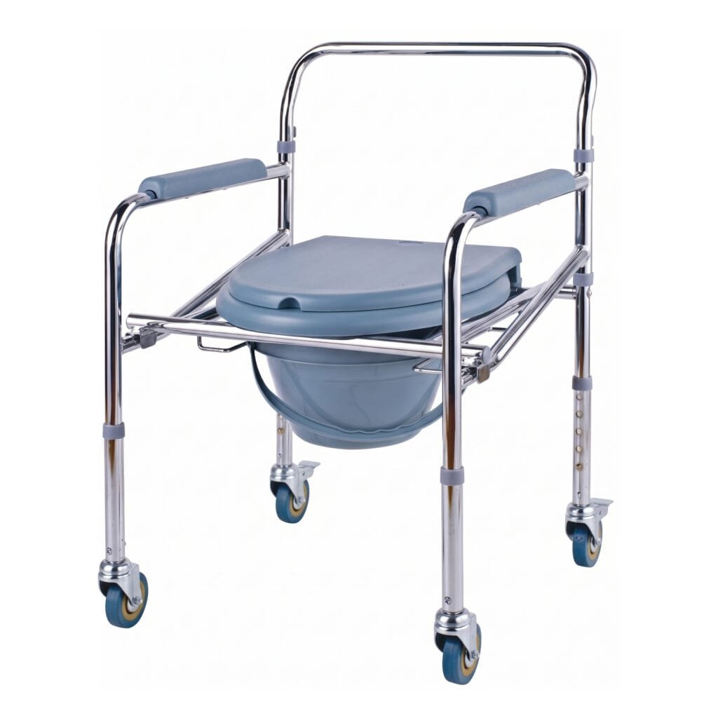 Chrome-Plated Steel Foldable Commode Chair with Wheels