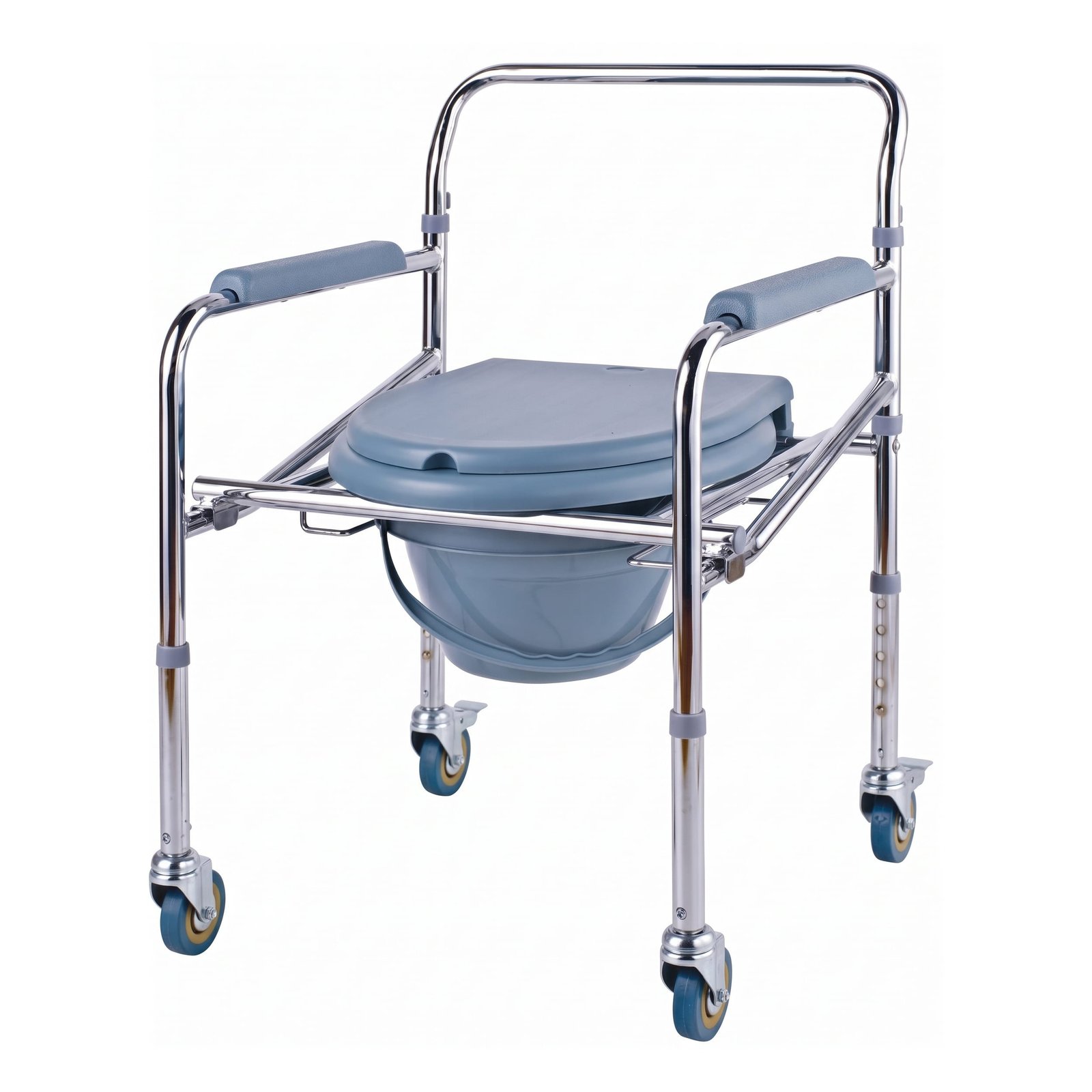 Chrome-Plated Steel Foldable Commode Chair with Wheels