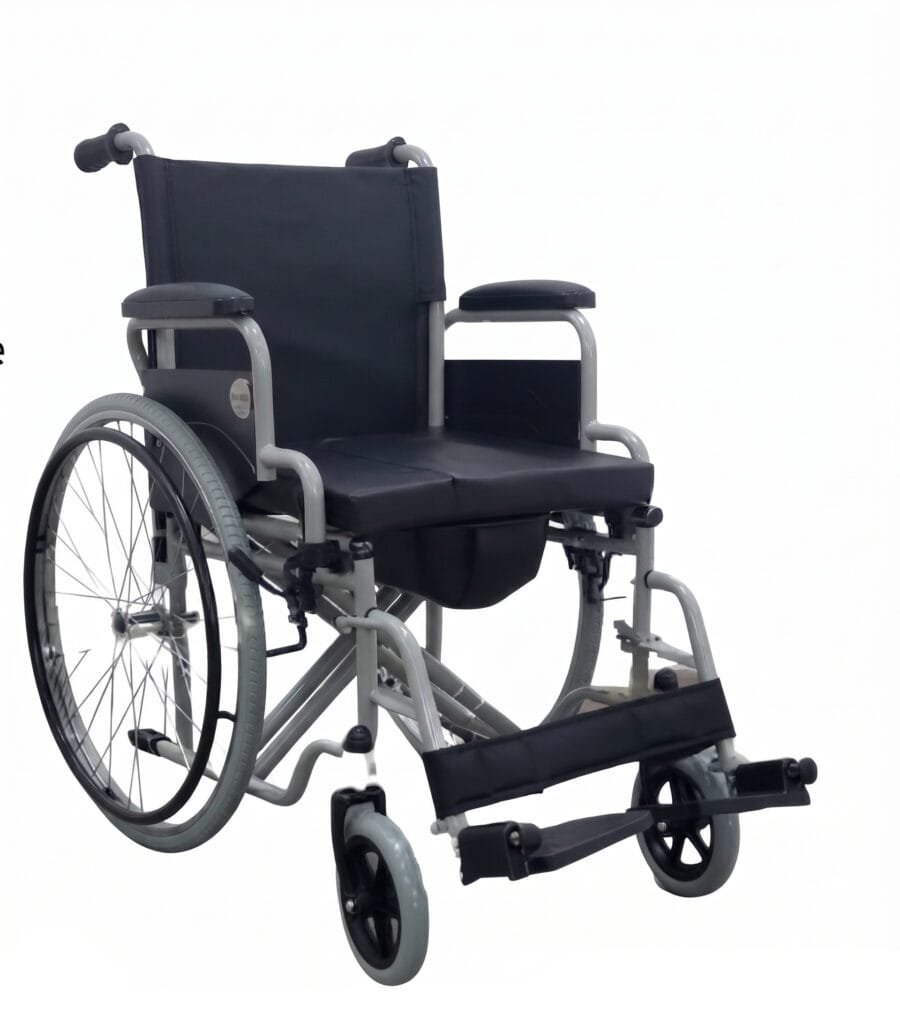 Grey standard size commode wheelchair with spoke wheels