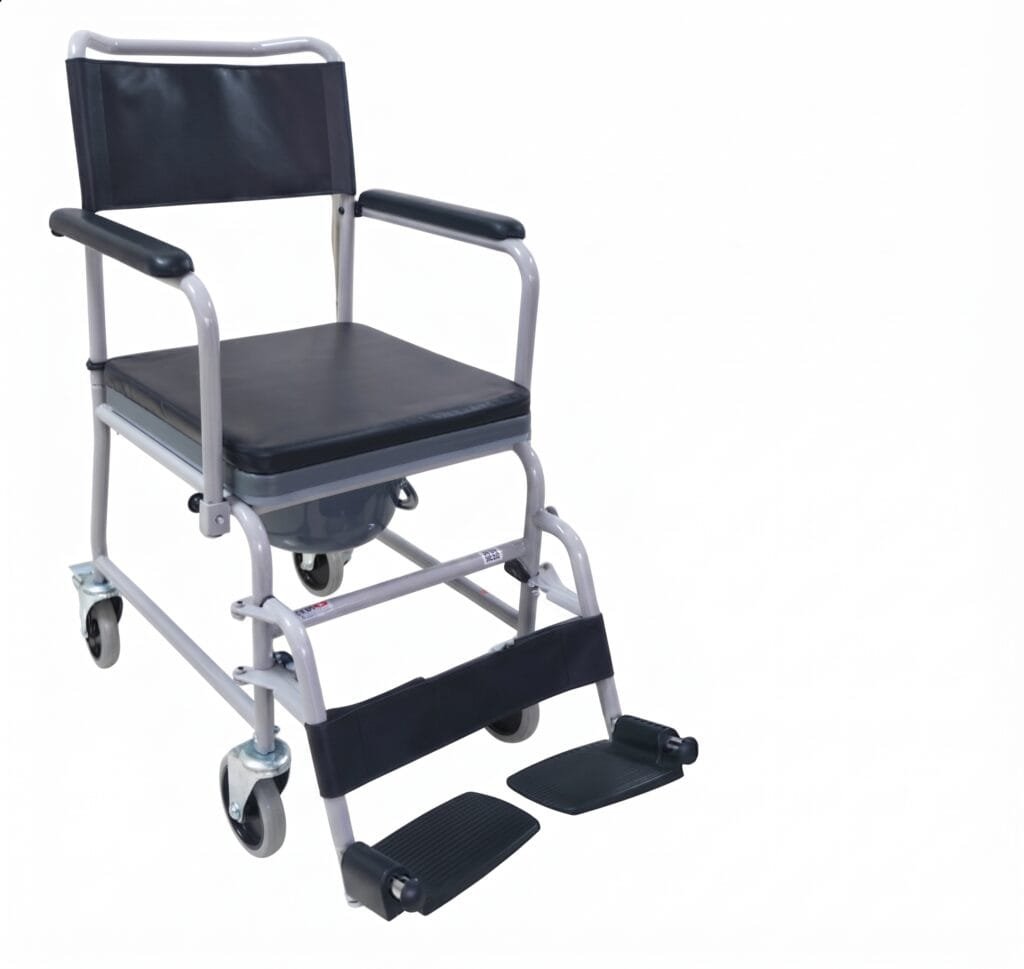 Grey standard size commode chair with foam plate seat and wheels