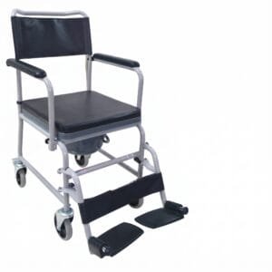 Grey standard size commode chair with foam plate seat and wheels