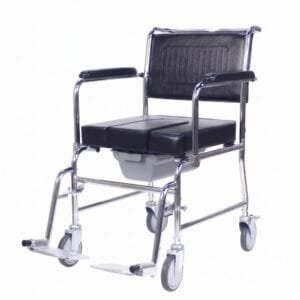 Chrome finish standard size commode chair with U-shape foam seat and wheels
