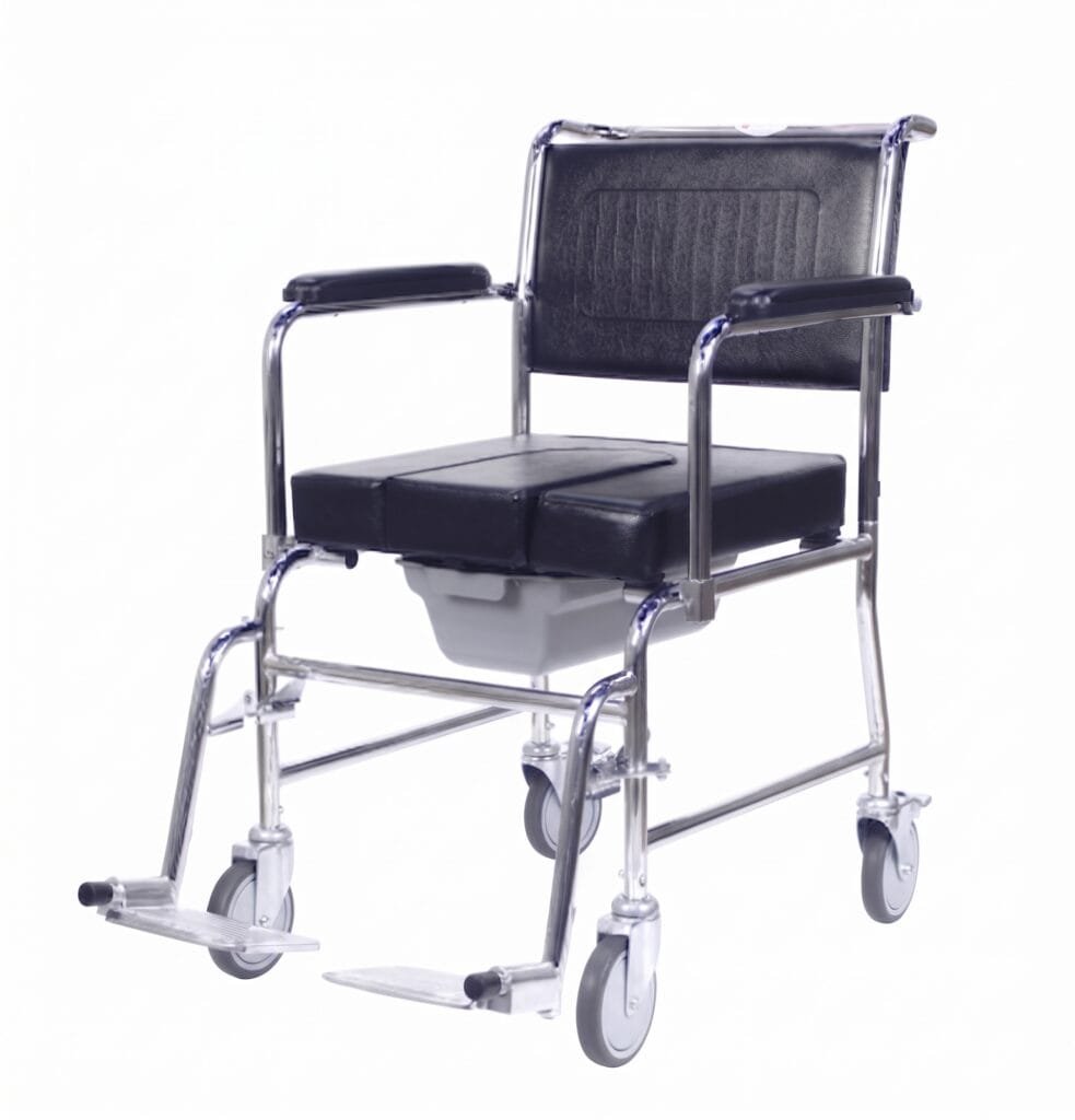Chrome finish standard size commode chair with U-shape foam seat and wheels
