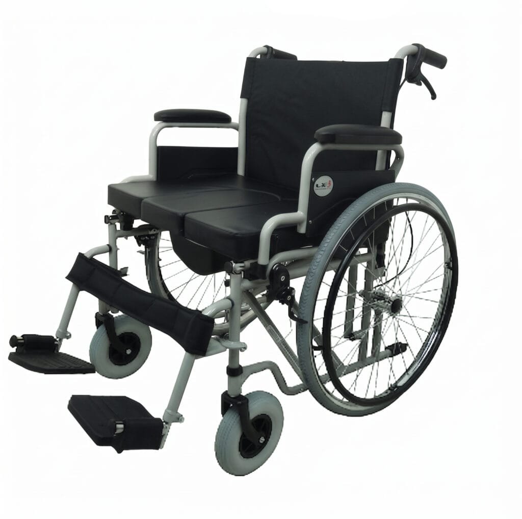 Grey commode wheelchair wide size with spoke wheels