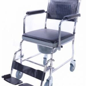 Chrome finish standard size commode chair with foam plate seat and wheels