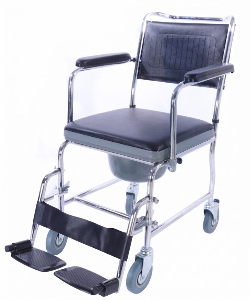Chrome finish standard size commode chair with foam plate seat and wheels